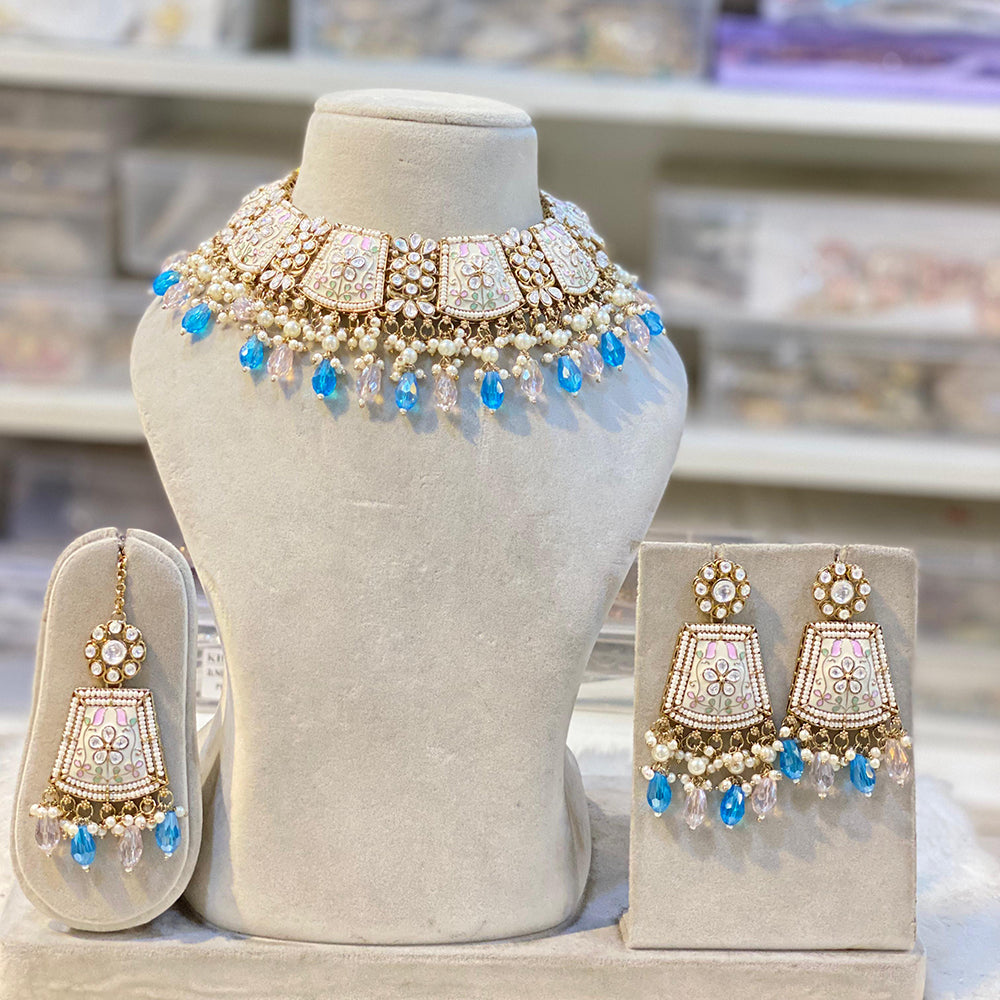 Hira Collection Gold Plated Kundan Stone And Beads Meenakari Choker Necklace Set