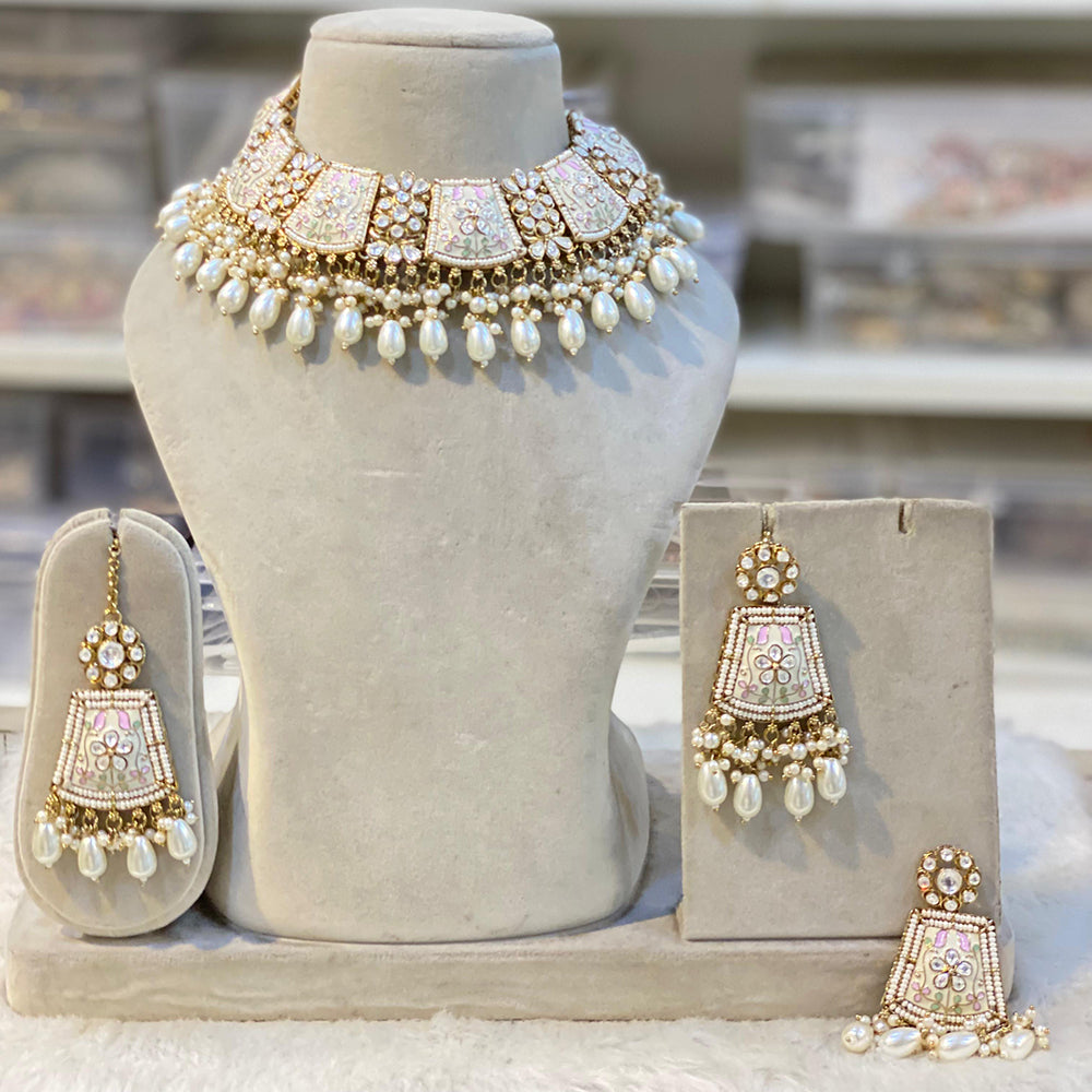 Hira Collection Gold Plated Kundan Stone And Beads Meenakari Choker Necklace Set
