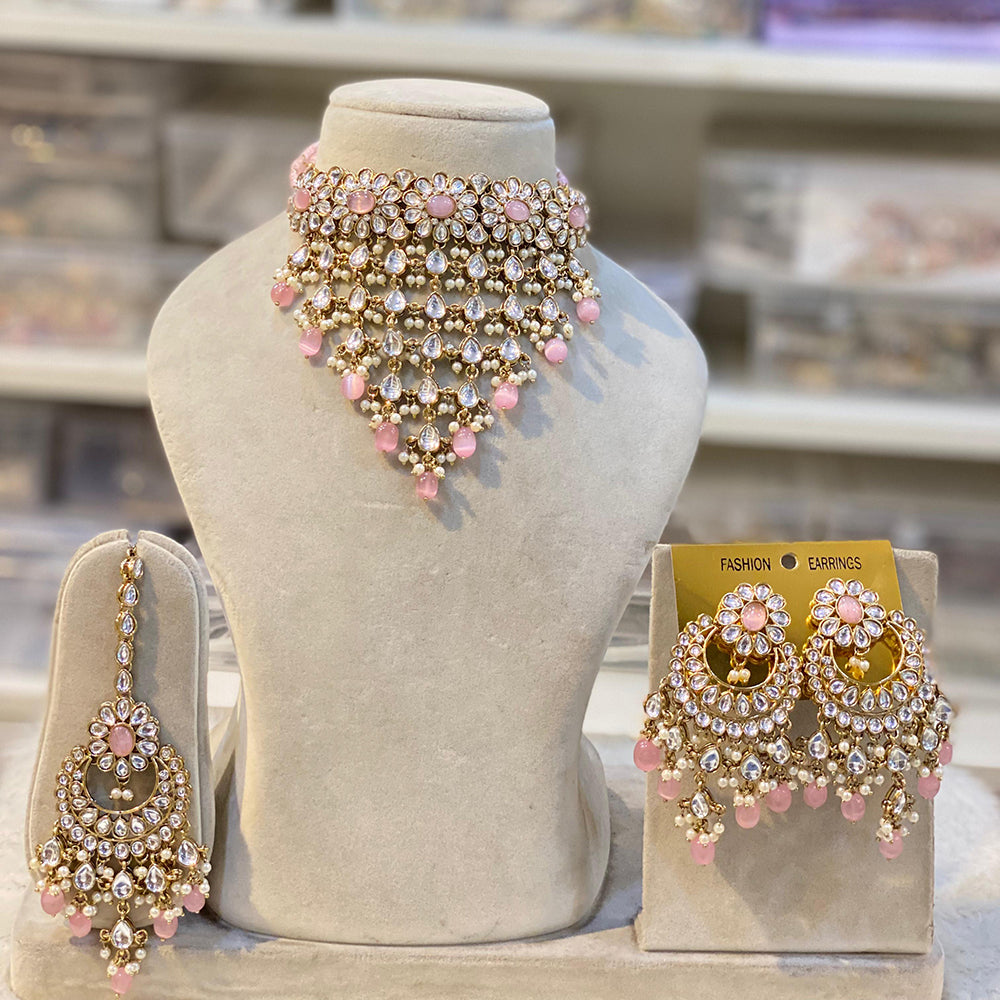 Hira Collection Gold Plated Kundan Stone And Beads Meenakari Choker Necklace Set