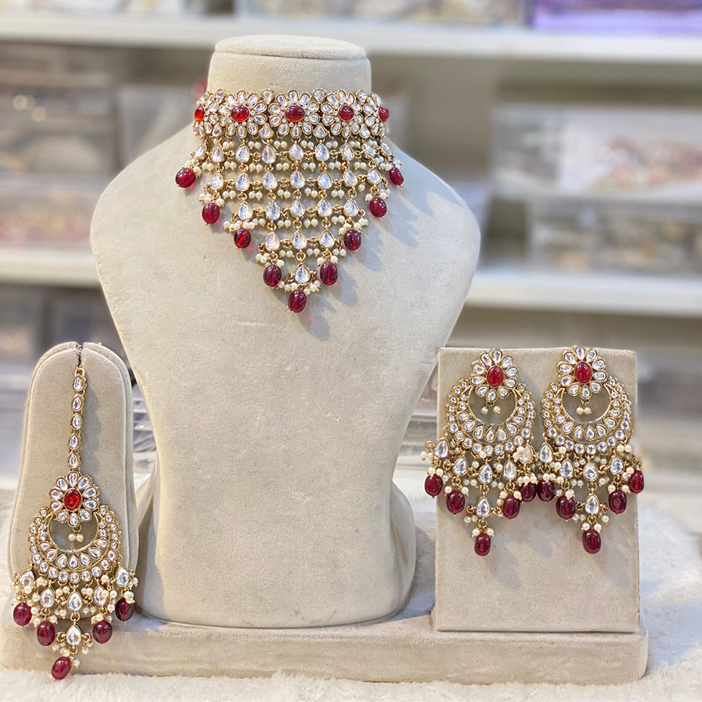 Hira Collection Gold Plated Kundan Stone And Beads Meenakari Choker Necklace Set