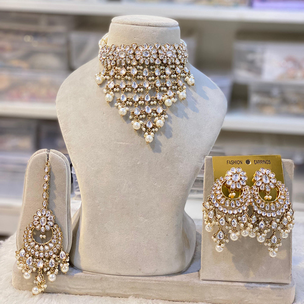 Hira Collection Gold Plated Kundan Stone And Beads Meenakari Choker Necklace Set