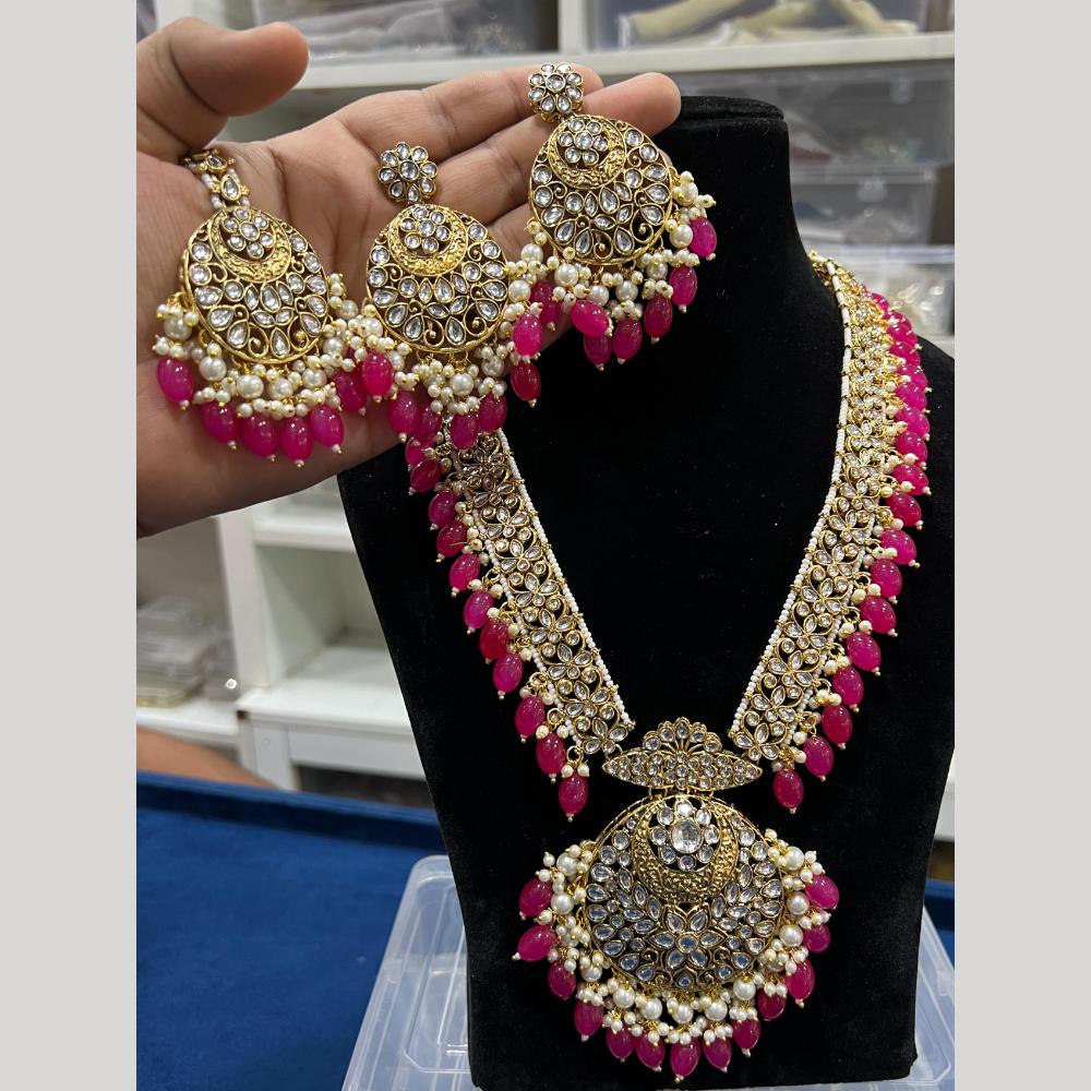 Hira Collections Gold Plated Kundan Stone And Pearls Beads Necklace Set