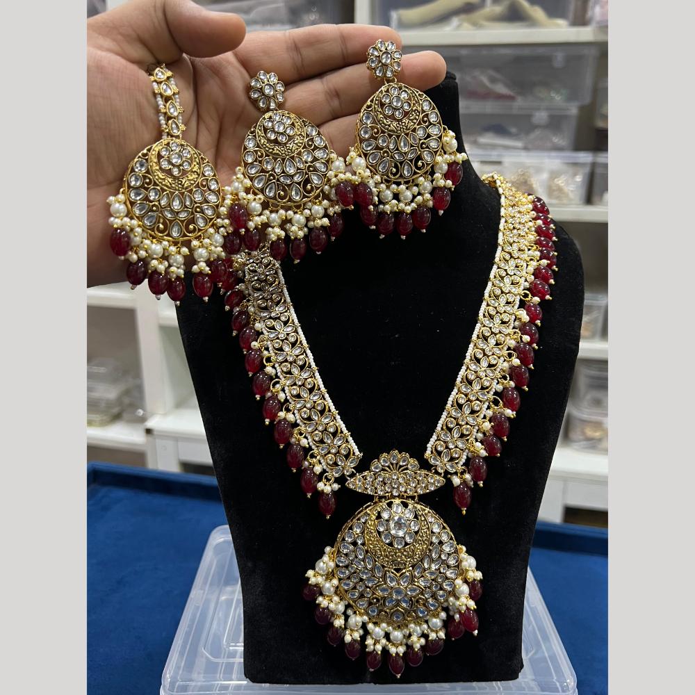 Hira Collections Gold Plated Kundan Stone And Pearls Beads Necklace Set