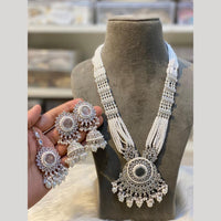 Hira Collections Silver Plated Crystal Stone And Pearls Beads Long Necklace Set