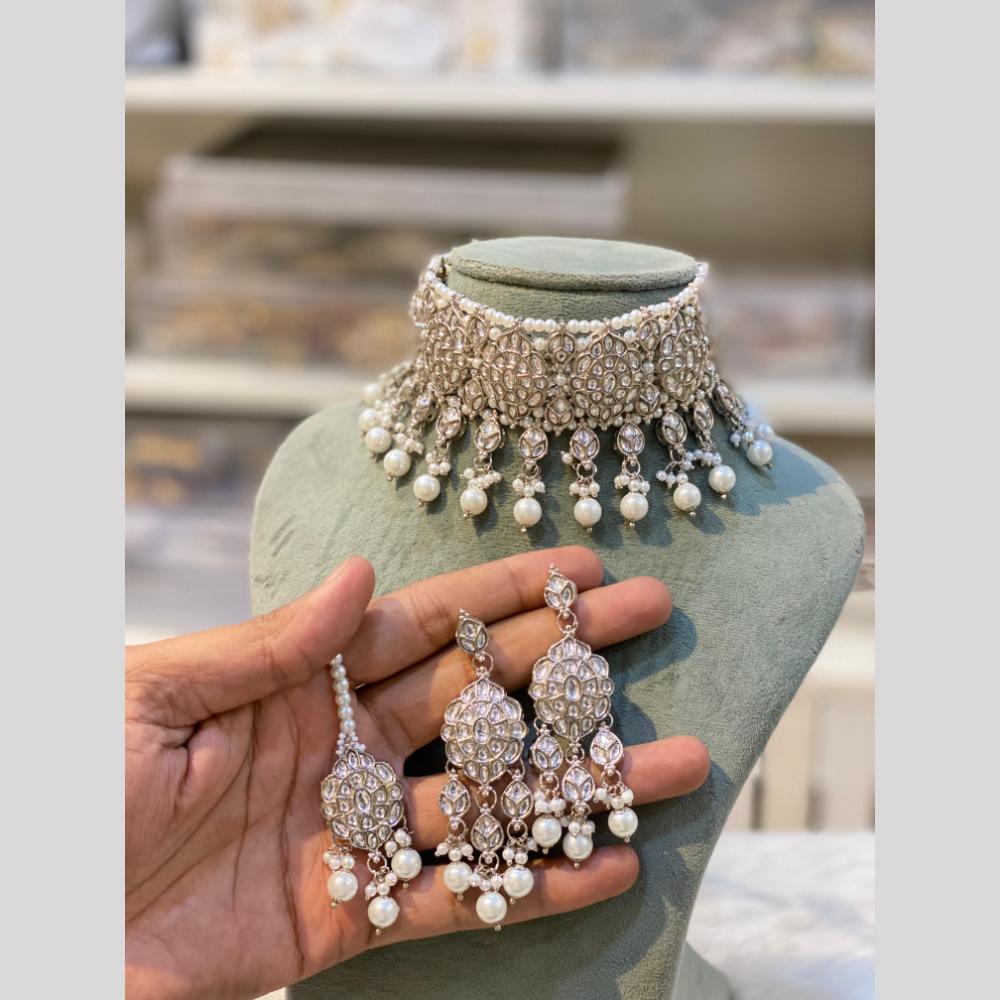 Hira Collection Traditional Gold Plated Kundan & Beaded Choker Necklace Set