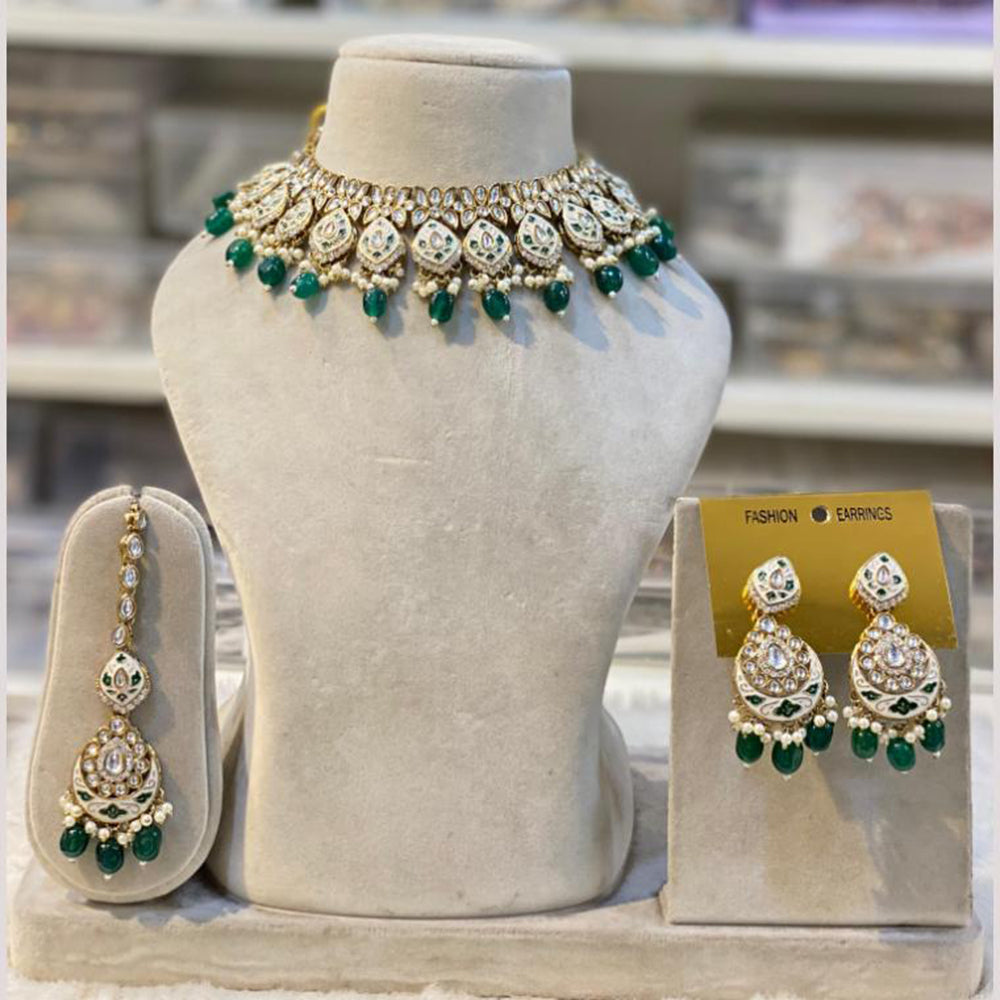Hira Collections Gold Plated Kundan Stone And Pearls Beads Meenakari Necklace Set