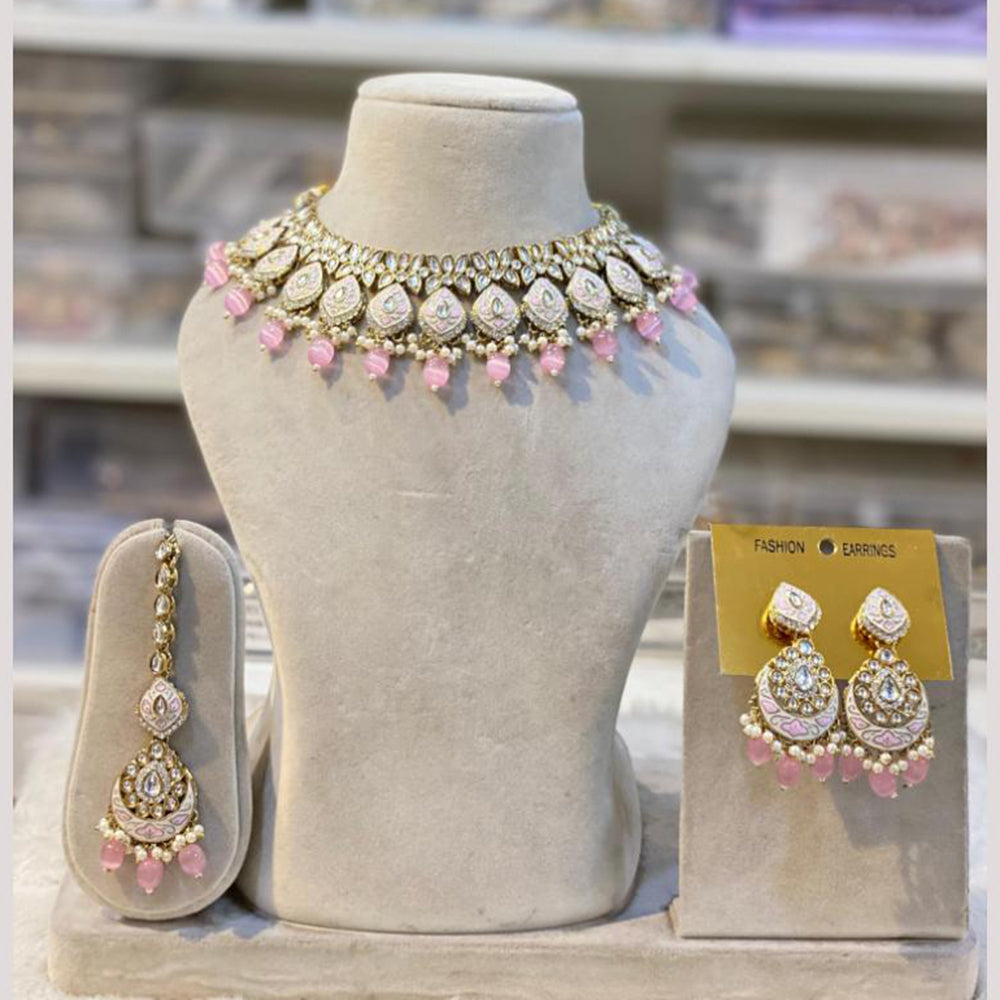 Hira Collections Gold Plated Kundan Stone And Pearls Beads Meenakari Necklace Set