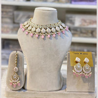 Hira Collections Gold Plated Kundan Stone And Pearls Beads Meenakari Necklace Set
