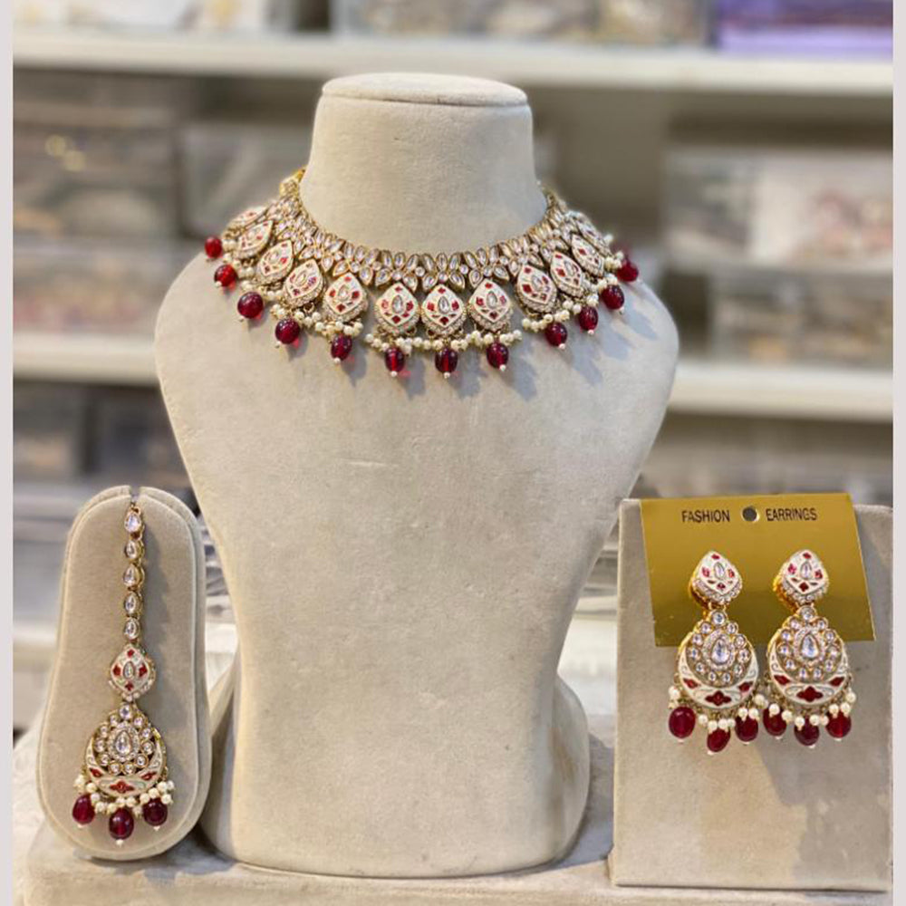 Hira Collections Gold Plated Kundan Stone And Pearls Beads Meenakari Necklace Set
