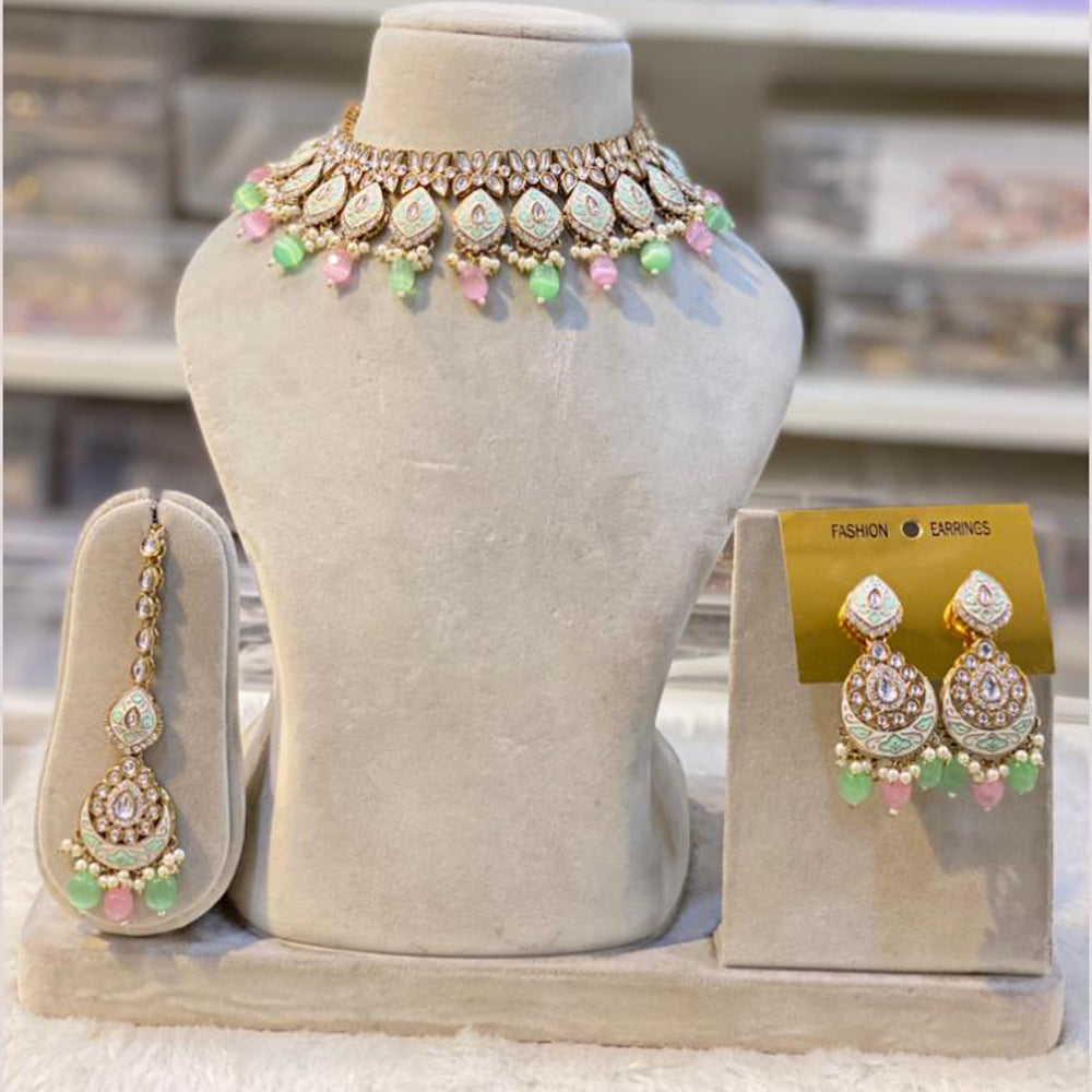 Hira Collections Gold Plated Kundan Stone And Pearls Beads Meenakari Necklace Set