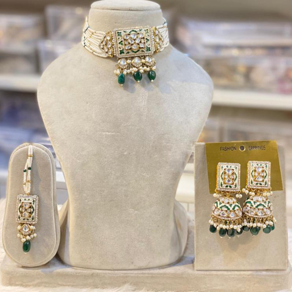 Hira Collections Gold Plated Kundan Stone And Pearls Beads Meenakari Choker Necklace Set