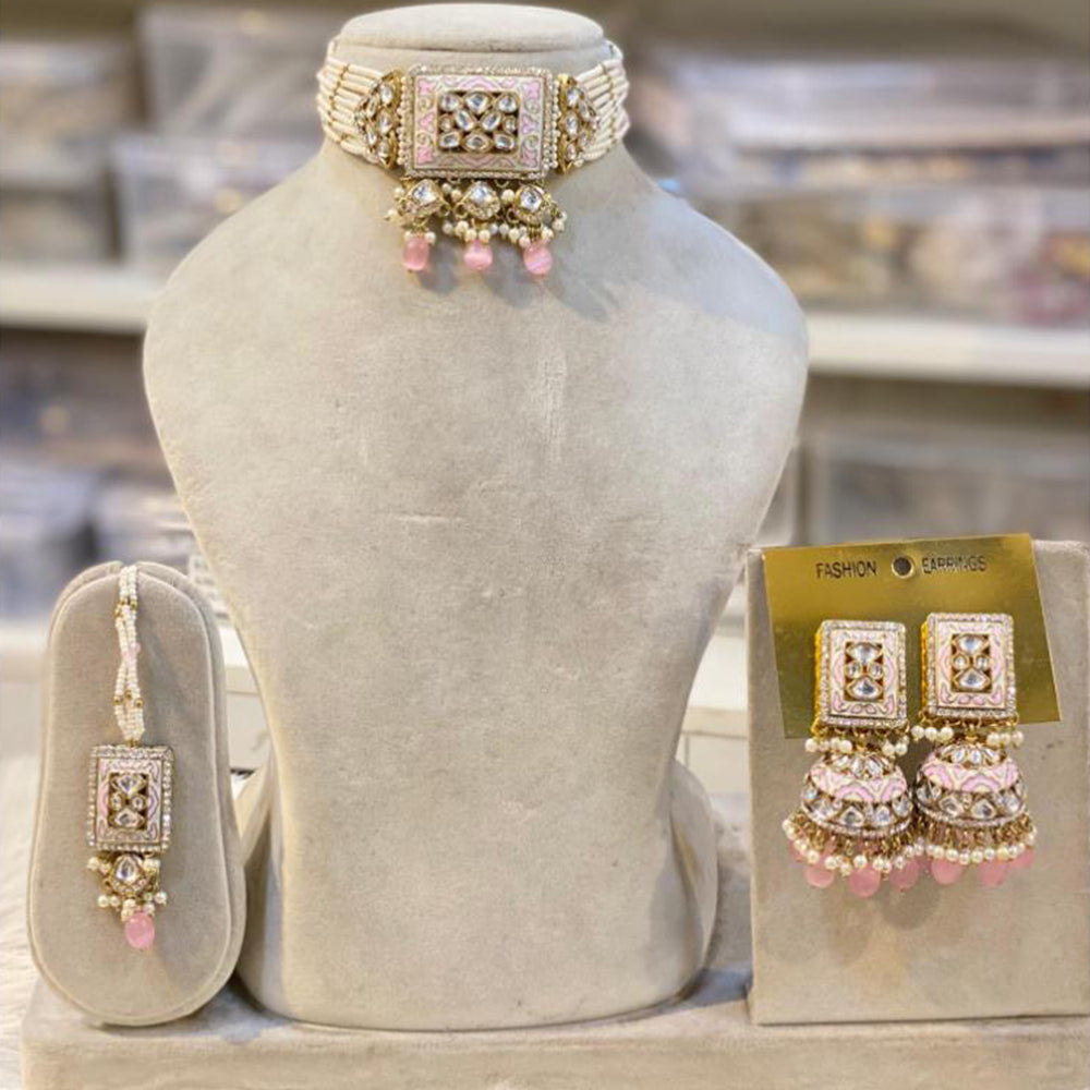 Hira Collections Gold Plated Kundan Stone And Pearls Beads Meenakari Choker Necklace Set