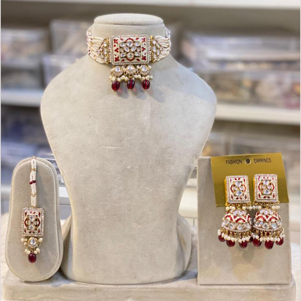 Hira Collections Gold Plated Kundan Stone And Pearls Beads Meenakari Choker Necklace Set