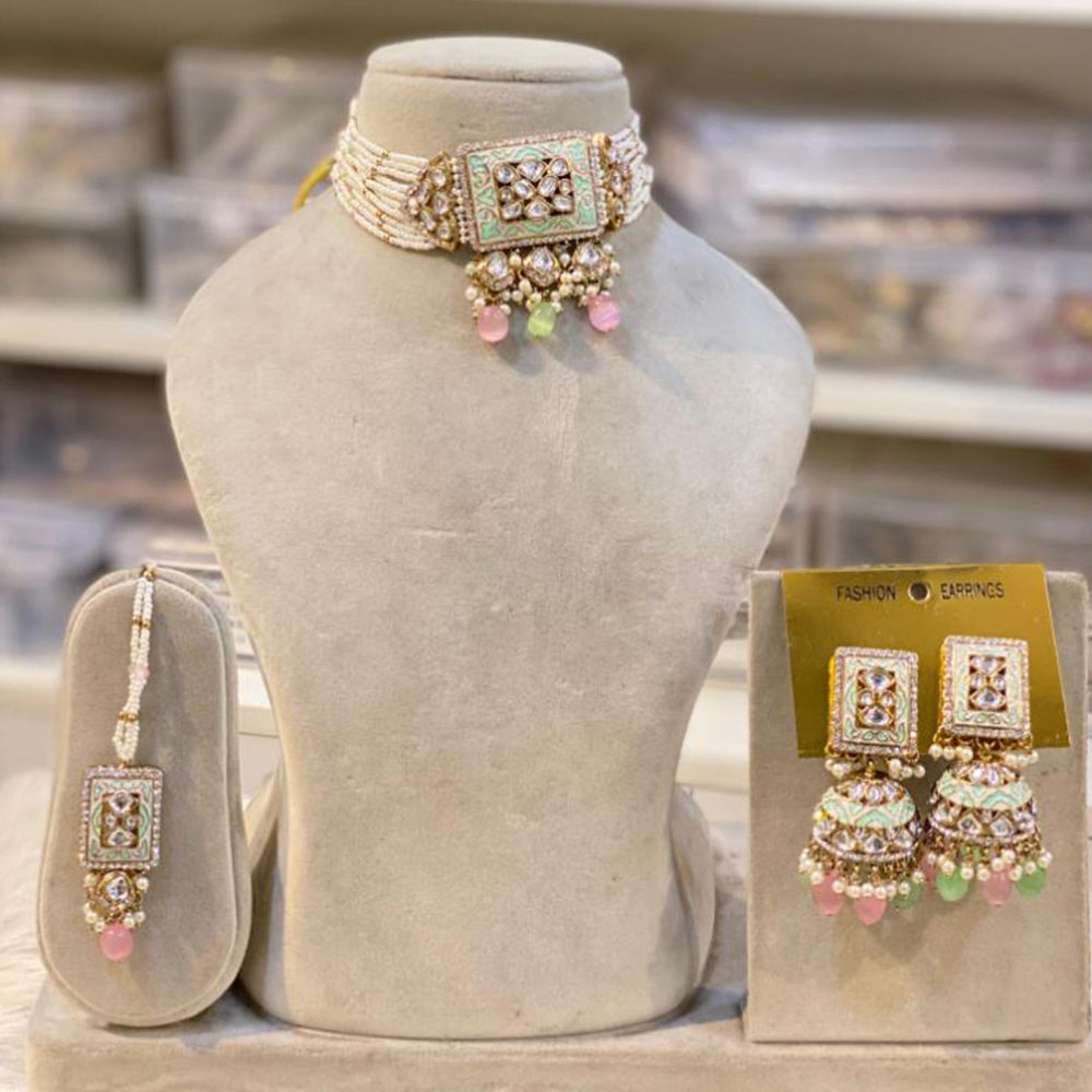 Hira Collections Gold Plated Kundan Stone And Pearls Beads Meenakari Choker Necklace Set