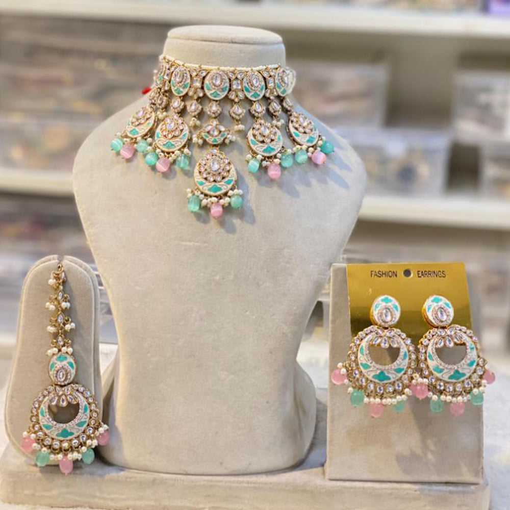 Hira Collections Gold Plated Kundan Stone And Pearls Beads Meenakari Necklace Set