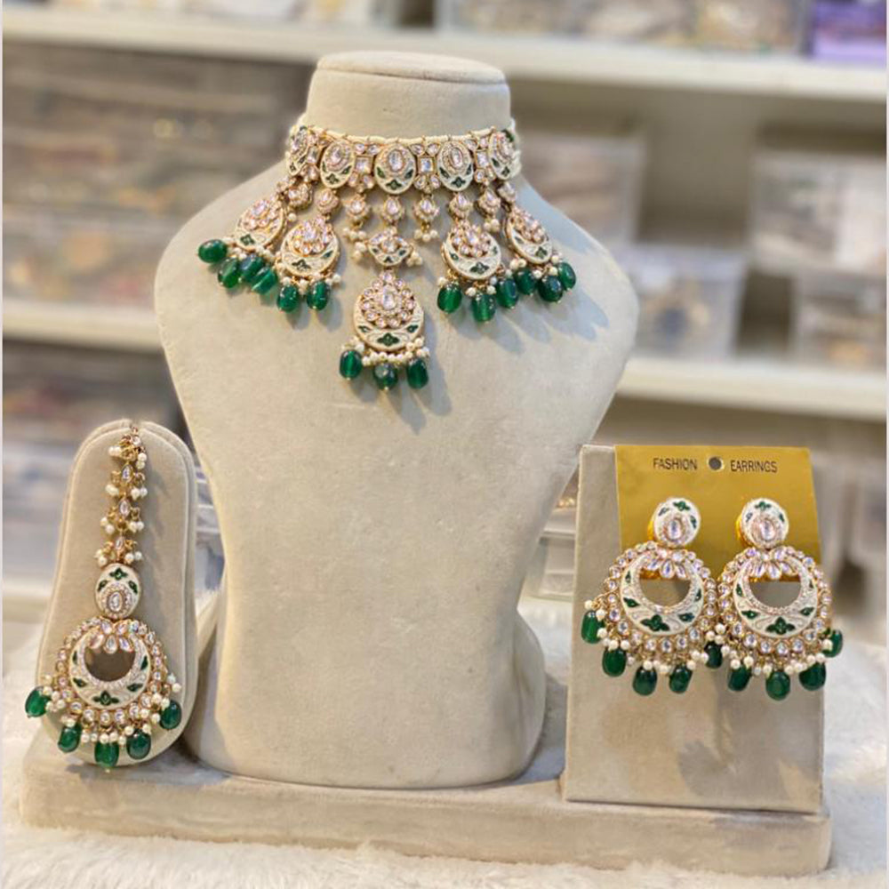 Hira Collections Gold Plated Kundan Stone And Pearls Beads Meenakari Necklace Set