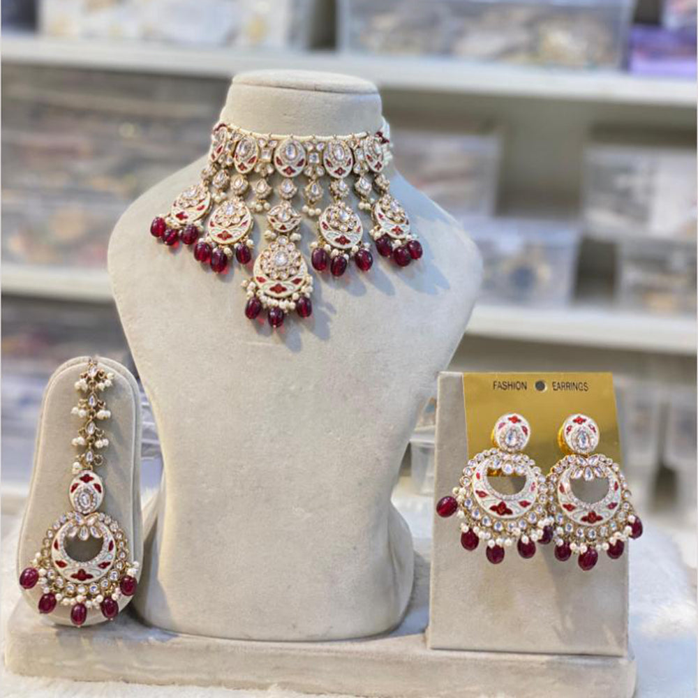 Hira Collections Gold Plated Kundan Stone And Pearls Beads Meenakari Necklace Set