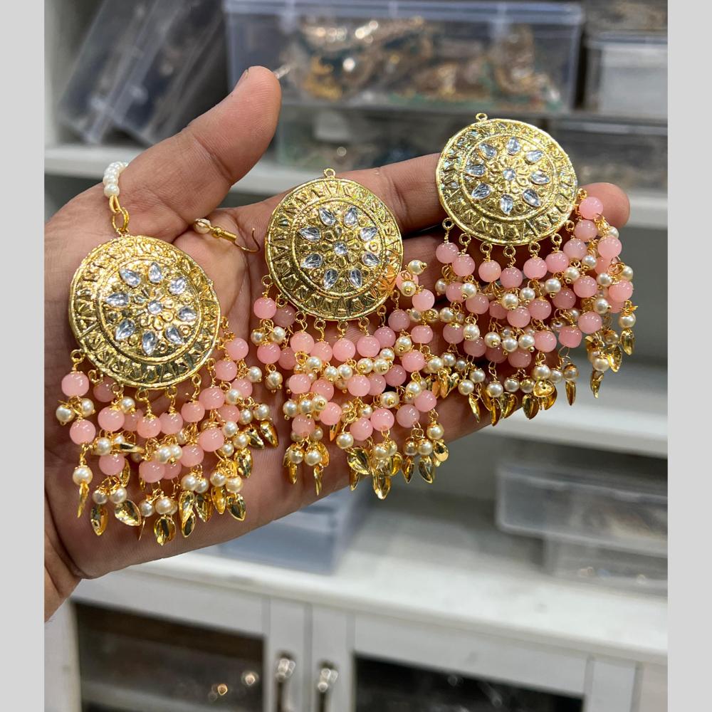 Hira Collection Gold Plated Kundan Stone Pearl And Beads Earring With Maangtikka
