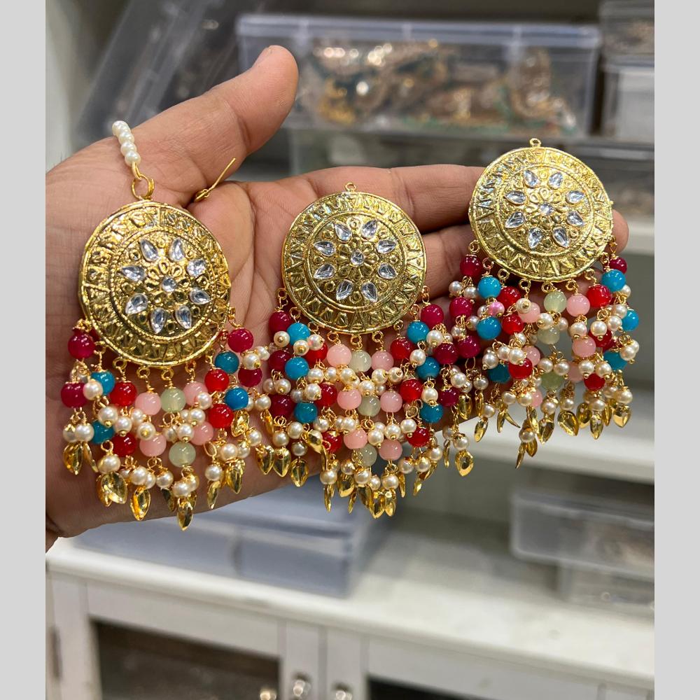 Hira Collection Gold Plated Kundan Stone Pearl And Beads Earring With Maangtikka