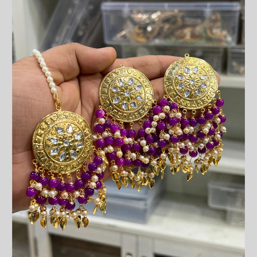 Hira Collection Gold Plated Kundan Stone Pearl And Beads Earring With Maangtikka