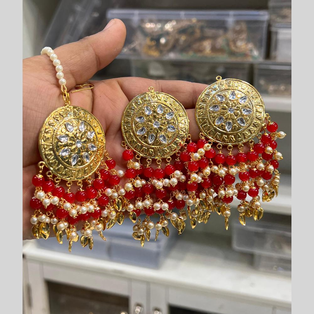 Hira Collection Gold Plated Kundan Stone Pearl And Beads Earring With Maangtikka