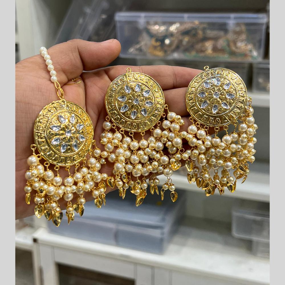 Hira Collection Gold Plated Kundan Stone Pearl And Beads Earring With Maangtikka