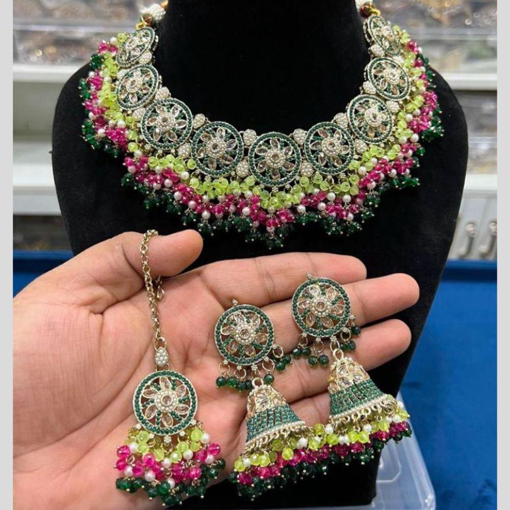 Hira Collections Gold Plated Crystal Stone And Pearls Beads Necklace Set