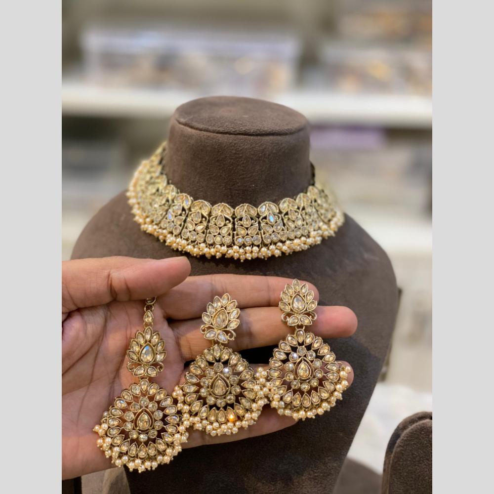 Hira Collections Gold Plated Crystal Stone And Pearls Choker Necklace Set