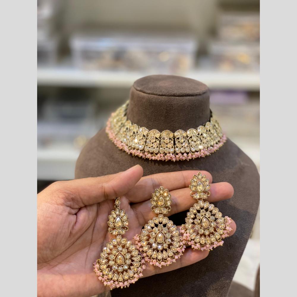 Hira Collections Gold Plated Crystal Stone And Pearls Choker Necklace Set