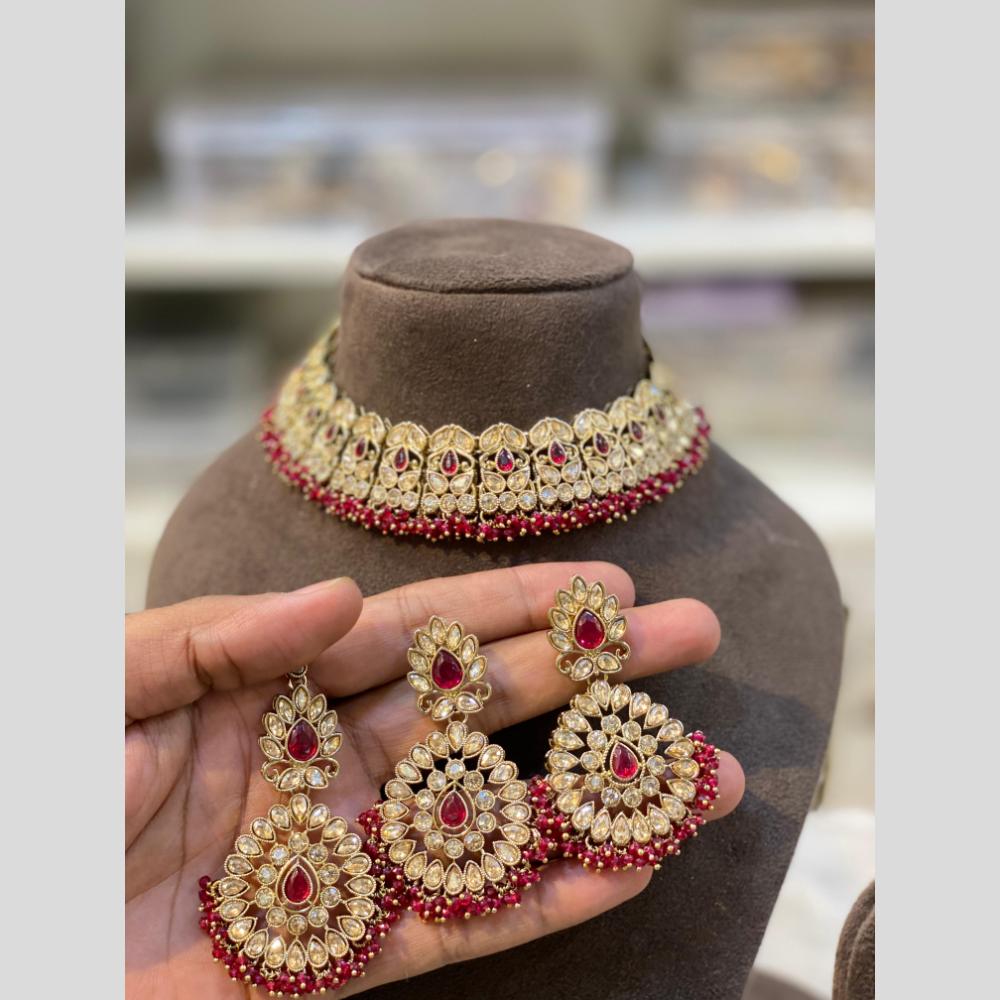 Hira Collections Gold Plated Crystal Stone And Pearls Choker Necklace Set
