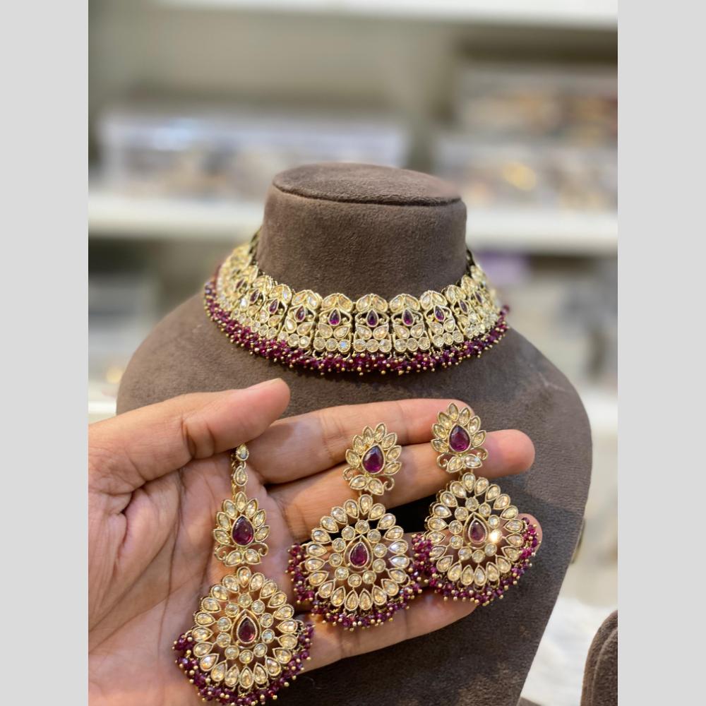 Hira Collections Gold Plated Crystal Stone And Pearls Choker Necklace Set