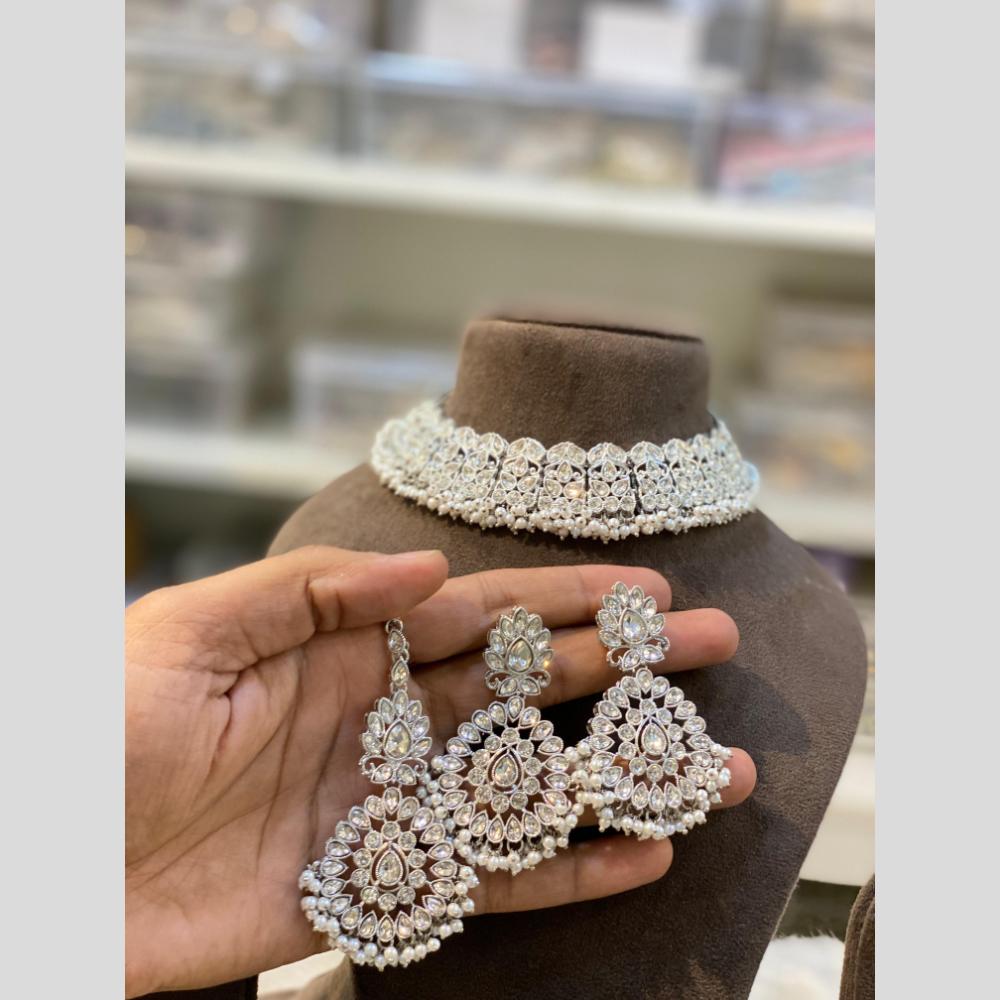 Hira Collections Silver Plated Crystal Stone And Pearls Choker Necklace Set