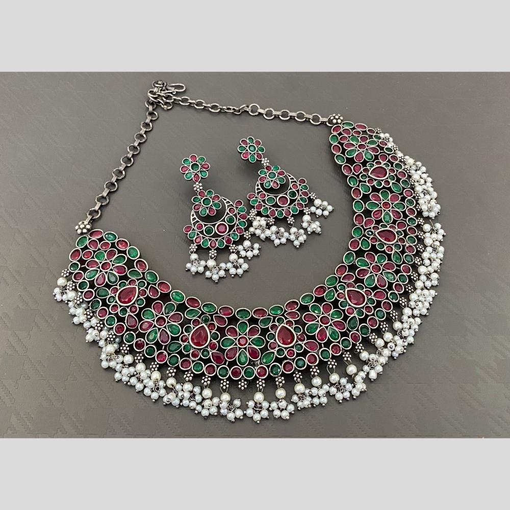 Hira Collections Oxidised Plated Pota And Pearl Necklace Set