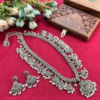 Hira Collections Oxidised Plated Pota And Pearl Long Necklace Set 