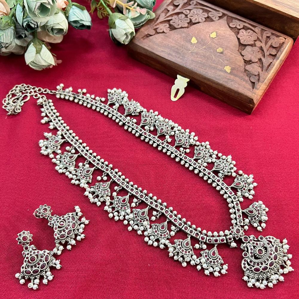 Hira Collections Oxidised Plated Pota And Pearl Long Necklace Set