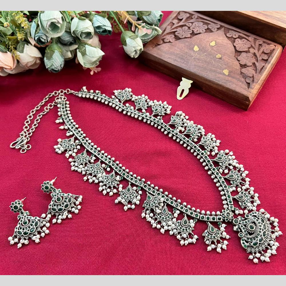 Hira Collections Oxidised Plated Pota And Pearl Long Necklace Set