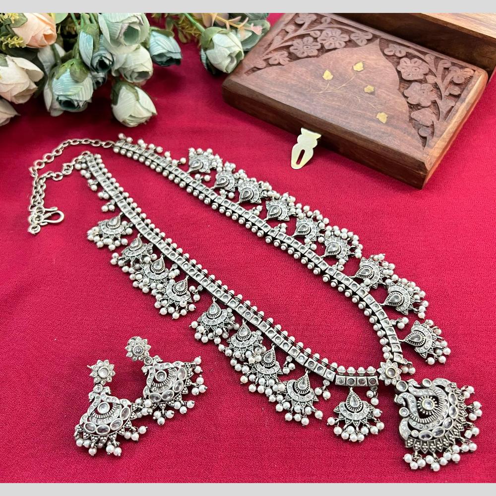 Hira Collections Oxidised Plated Pota And Pearl Long Necklace Set