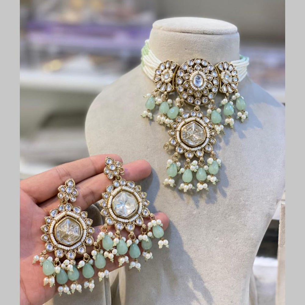 Hira Collections Gold Plated Kundan And Pearls Beads Choker Necklace Set