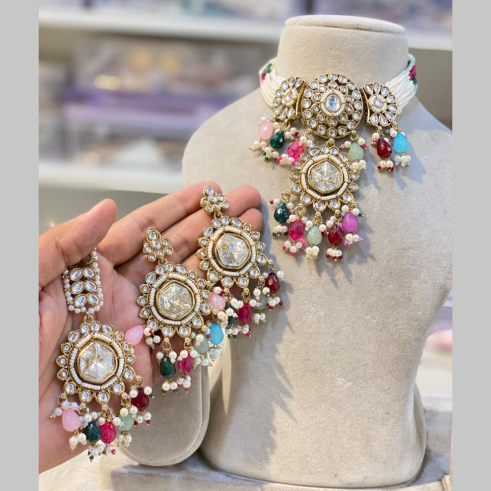 Hira Collections Gold Plated Kundan And Pearls Beads Choker Necklace Set