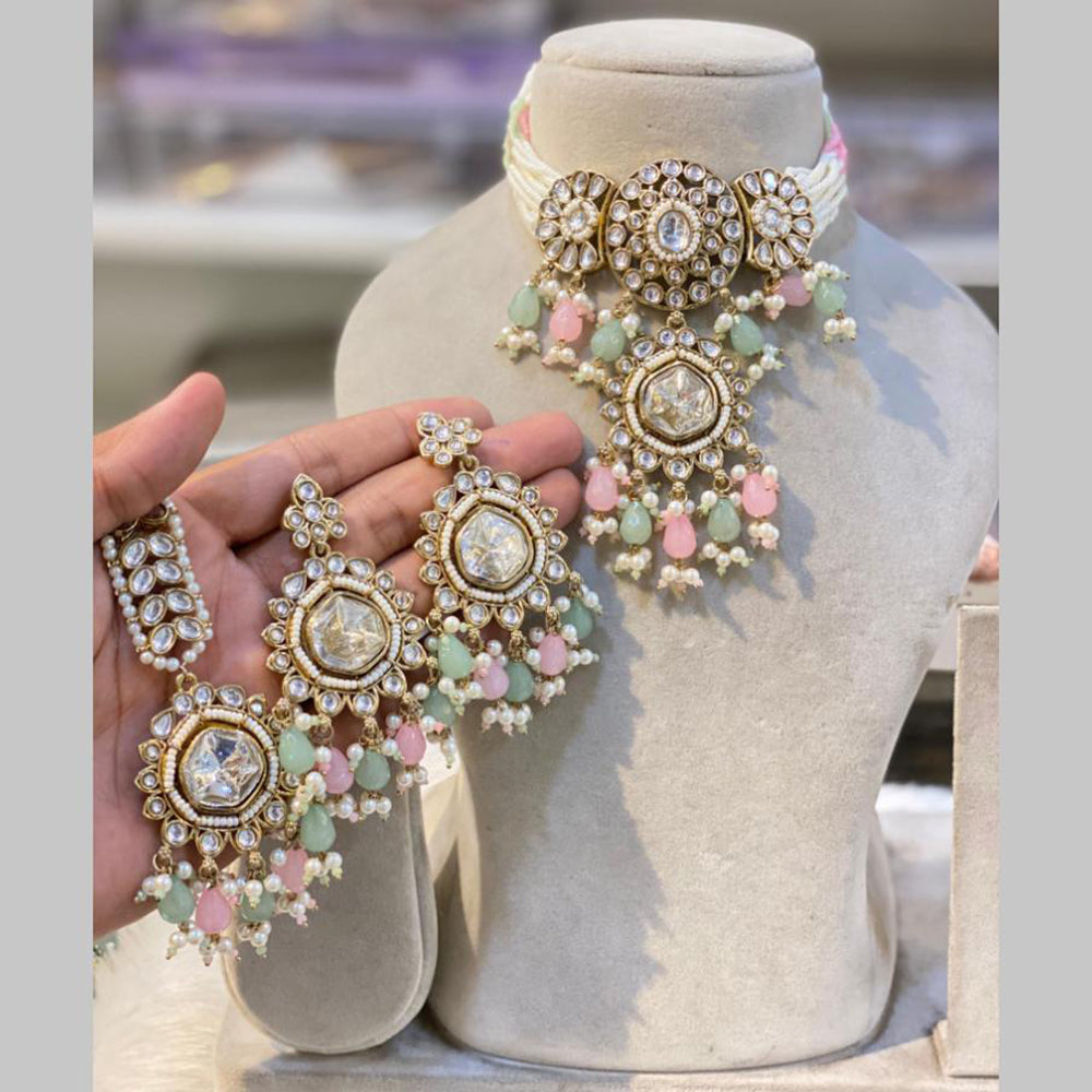 Hira Collections Gold Plated Kundan And Pearls Beads Choker Necklace Set
