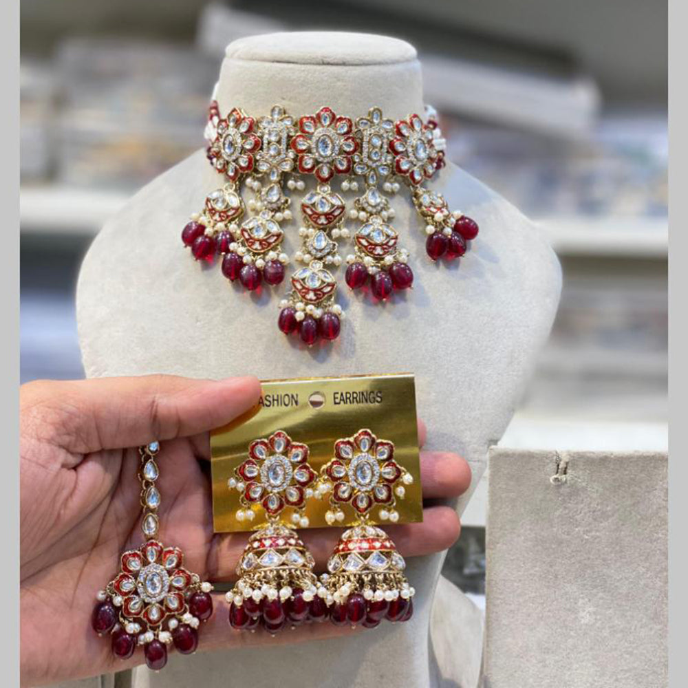 Hira Collections Gold Plated Kundan And Beads Meenakari Choker Necklace Set