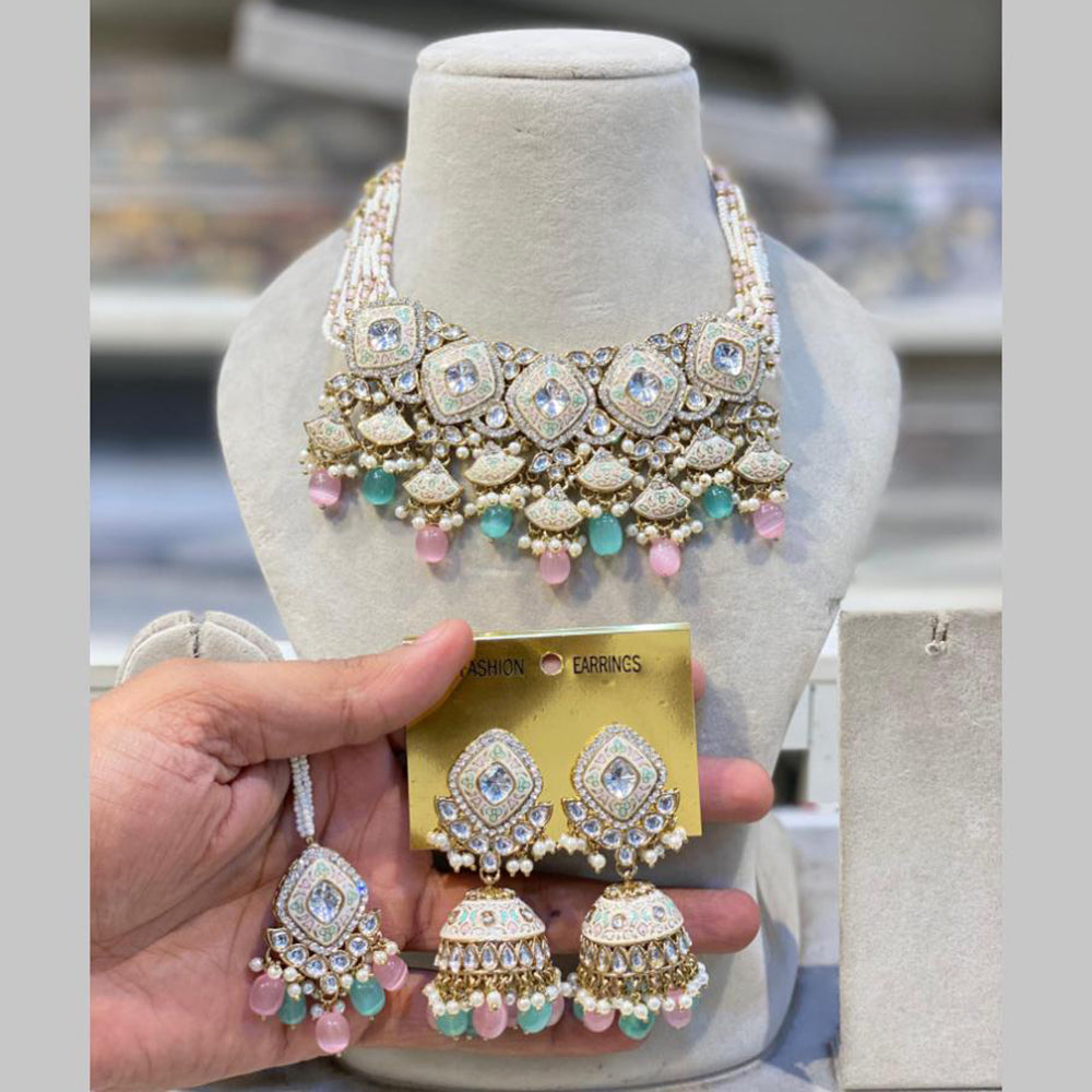 Hira Collections Gold Plated Kundan And Beads Meenakari Necklace Set