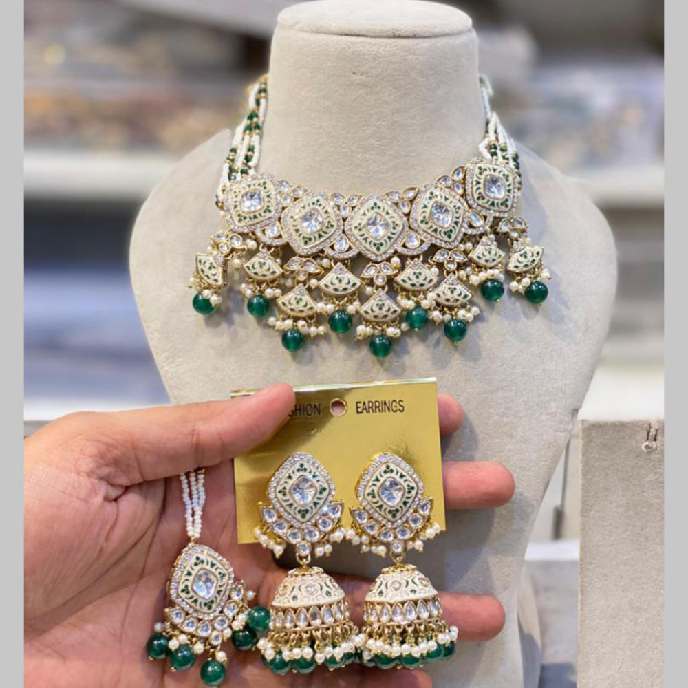 Hira Collections Gold Plated Kundan And Beads Meenakari Necklace Set
