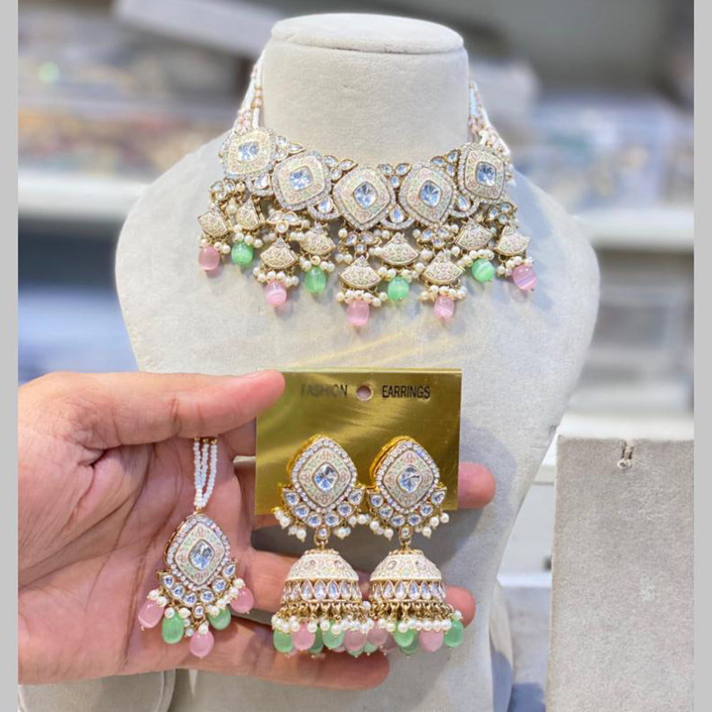 Hira Collections Gold Plated Kundan And Beads Meenakari Necklace Set