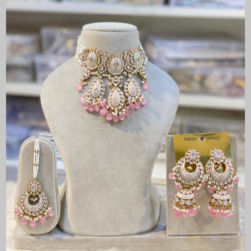 Hira Collections Gold Plated Kundan And Beads Meenakari Choker Necklace Set