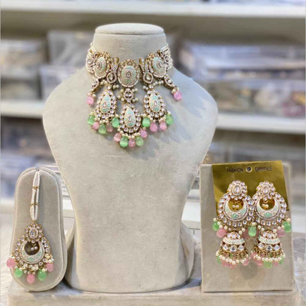 Hira Collections Gold Plated Kundan And Beads Meenakari Choker Necklace Set