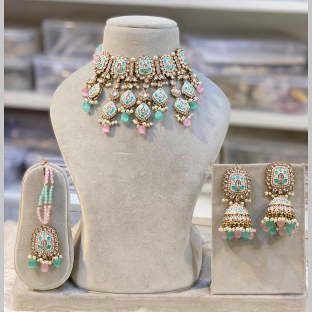 Hira Collections Gold Plated Kundan And Beads Meenakari Choker Necklace Set
