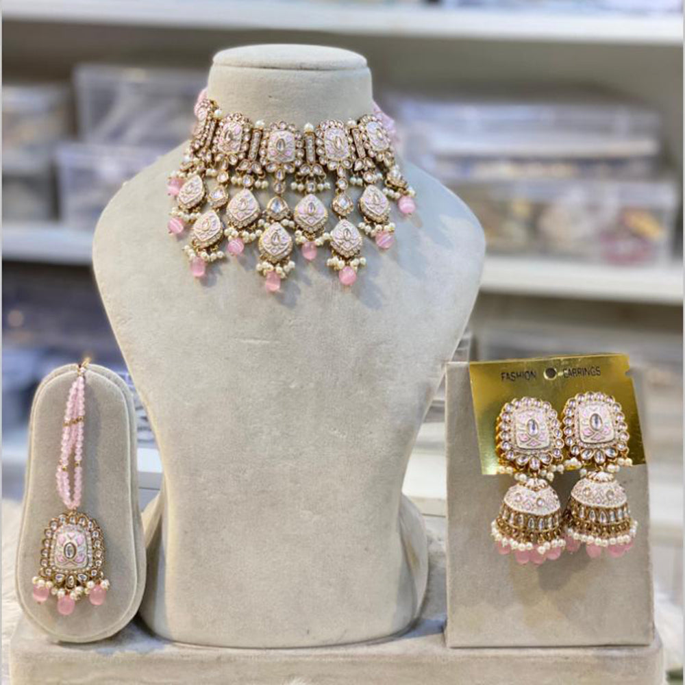 Hira Collections Gold Plated Kundan And Beads Meenakari Choker Necklace Set