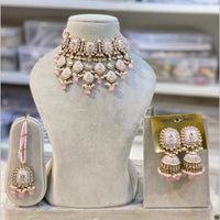 Hira Collections Gold Plated Kundan And Beads Meenakari Choker Necklace Set