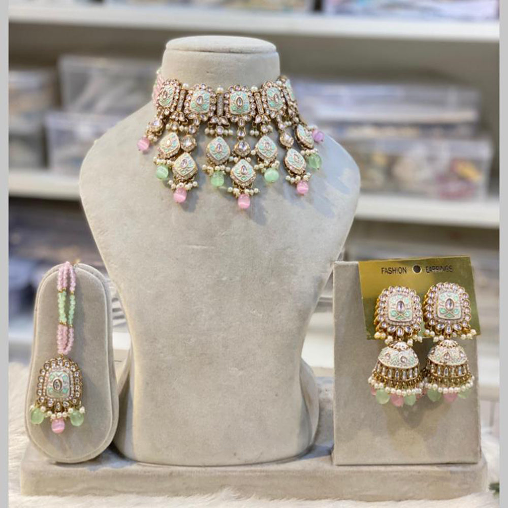 Hira Collections Gold Plated Kundan And Beads Meenakari Choker Necklace Set
